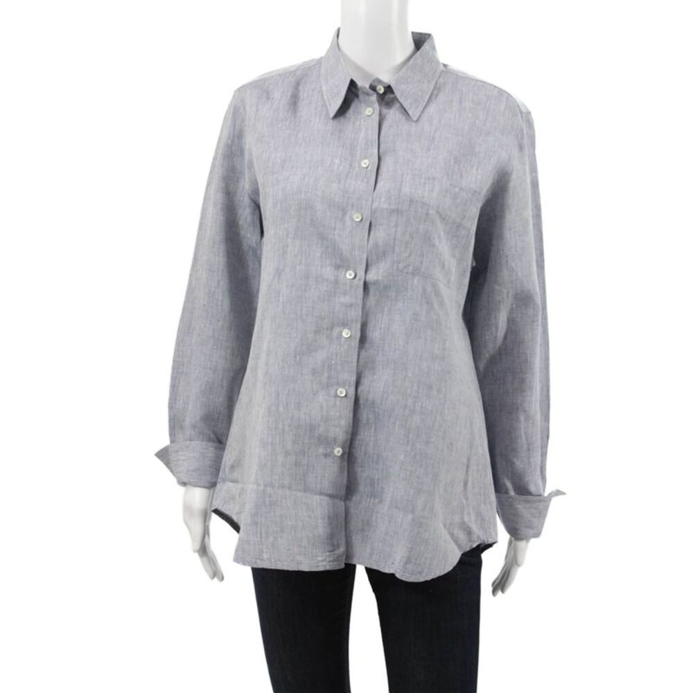 Claridge + King Women Button-Up Blouse Blue Linen Long-Sleeve Size L